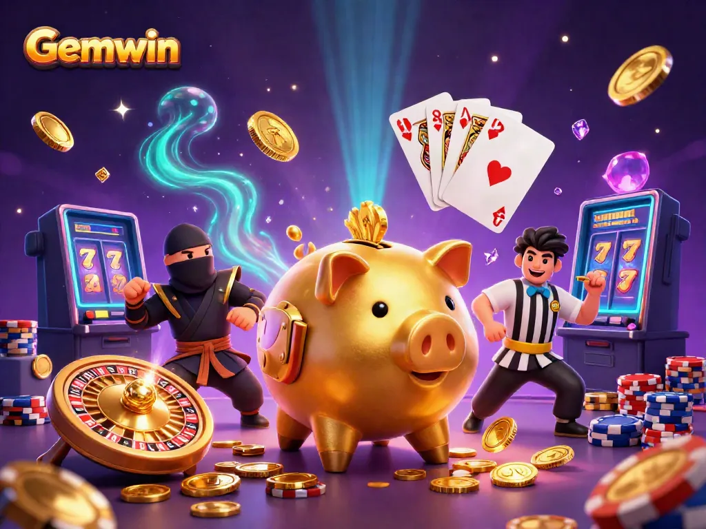 Experience Gemwin's vibrant casino action with a golden piggy bank sumo wrestler in action.