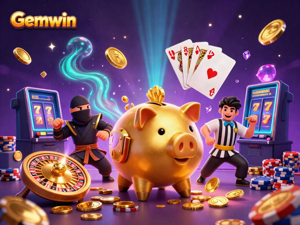 Experience Gemwin's vibrant casino action with a golden piggy bank sumo wrestler in action.