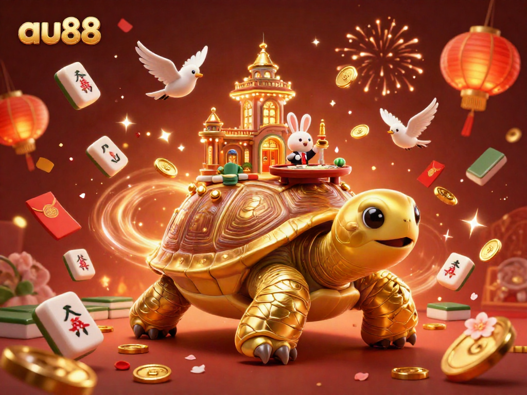 Enjoy thrilling gaming at au88, featuring a golden tortoise casino with vibrant festive elements.