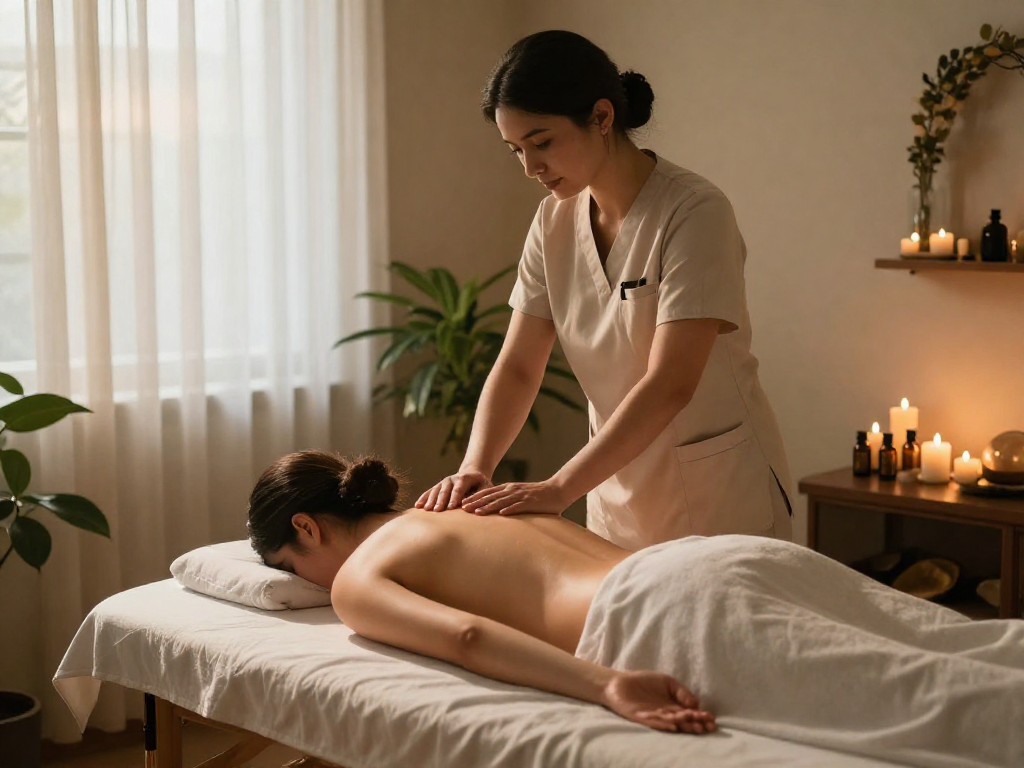 신림동출장안마 - therapist providing a calming massage in a serene spa.