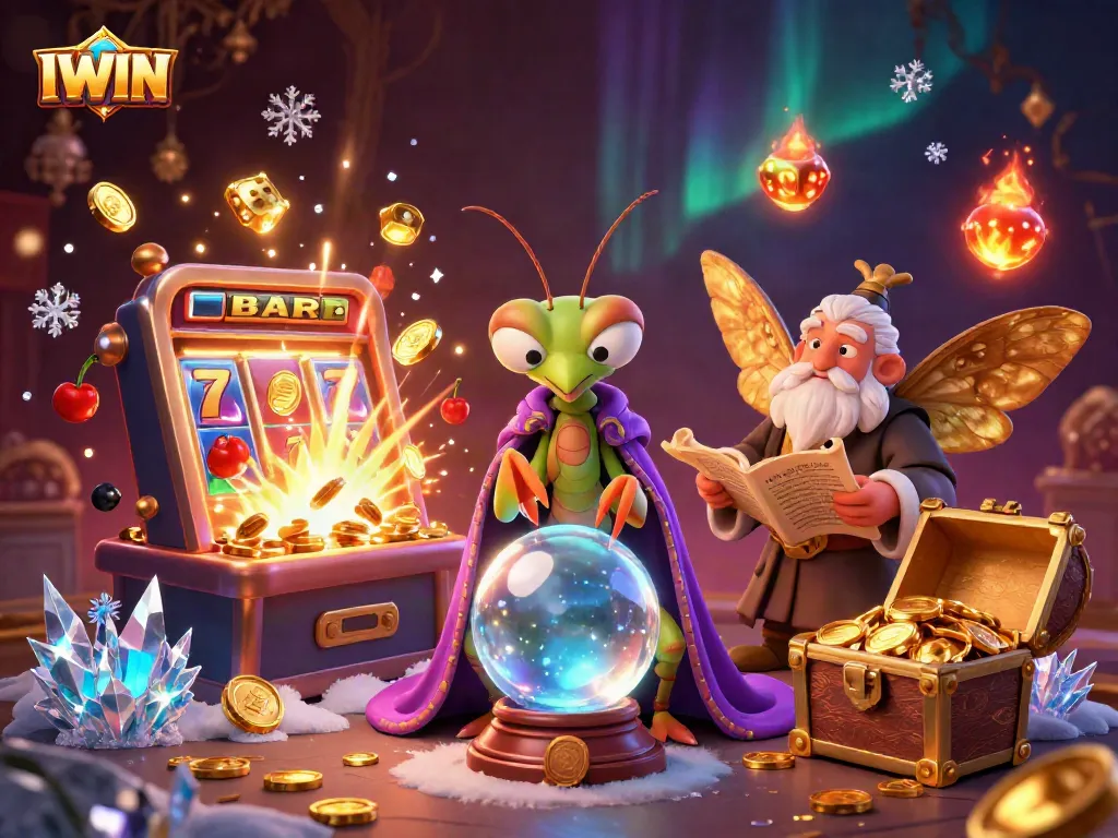 IWIN casino-themed illustration featuring a fortune teller, a moth librarian, and floating oracles amid slot machine icons.