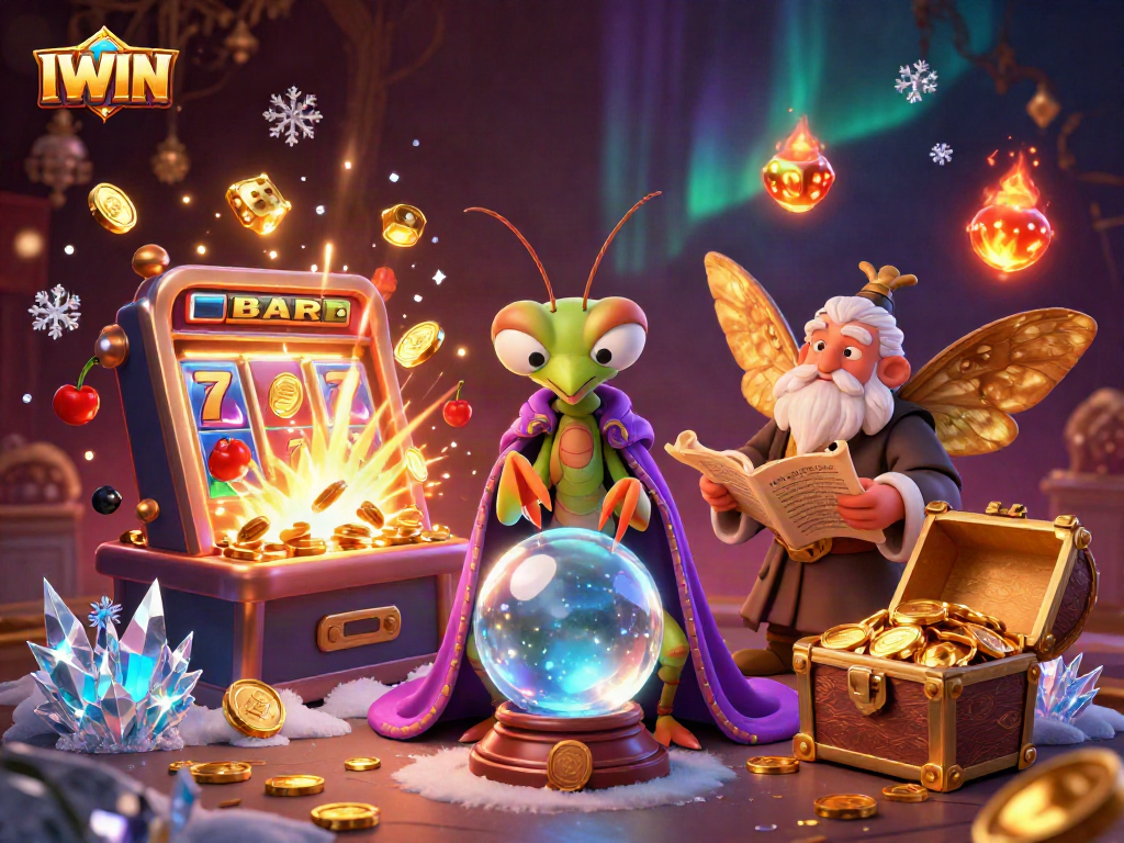 IWIN casino-themed illustration featuring a fortune teller, a moth librarian, and floating oracles amid slot machine icons.