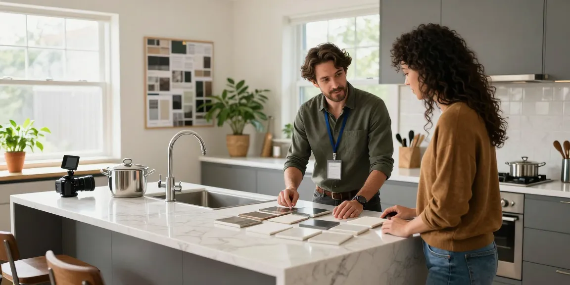 Custom countertop designers Hamilton showcase quartz samples to a homeowner in a modern kitchen.