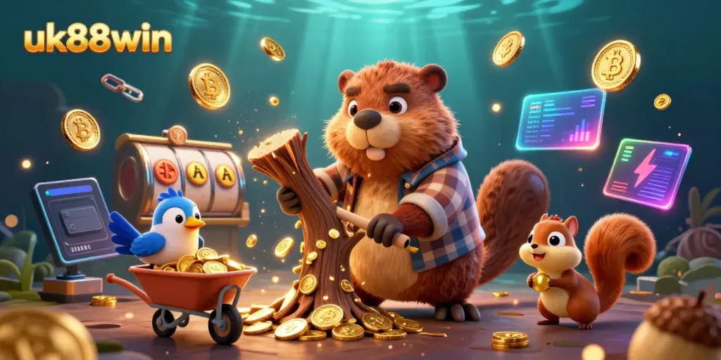 Experience the excitement of uk88win with a whimsical scene featuring a lumberjack beaver and friends amidst cascading gold coins.