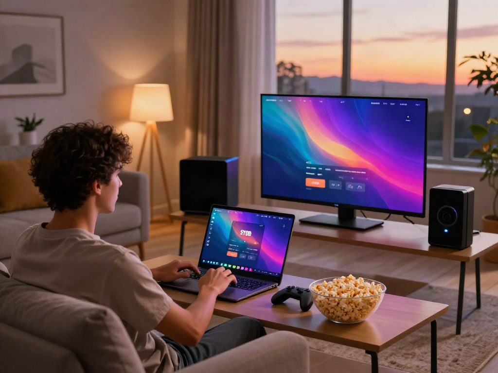 Engaging with https://sky88tg.com/ online gaming platform in a cozy living room setup.