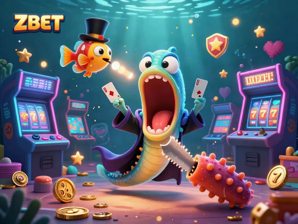 ZBET brings excitement with a magical eel, anglerfish spotlight, and a sea cucumber in a rich casino scene.