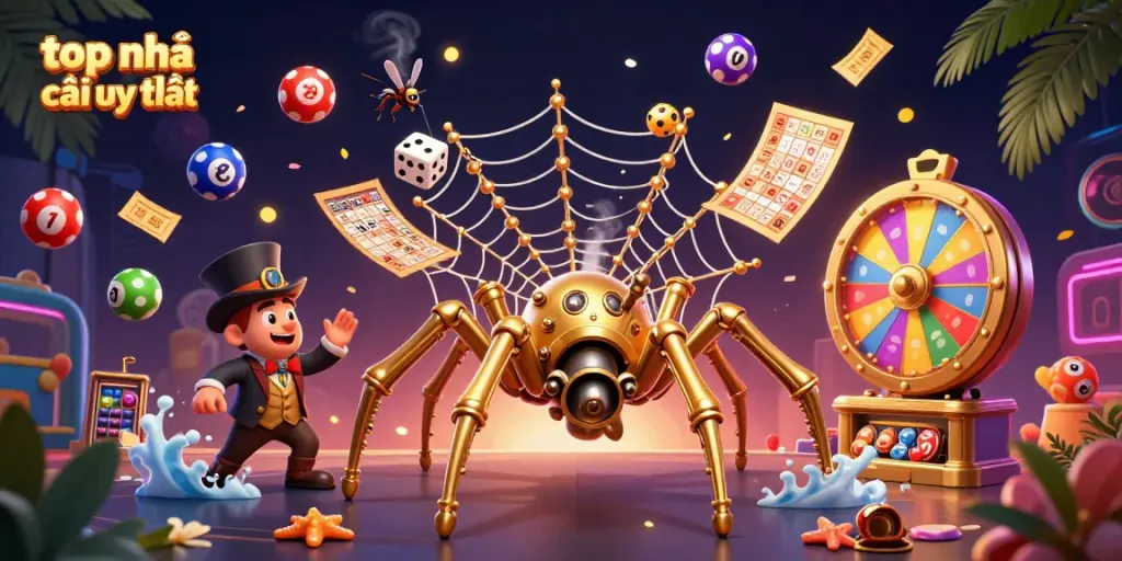 Explore the vibrant scene featuring top nhà cái uy tín, with a steampunk spider and exciting lottery elements.