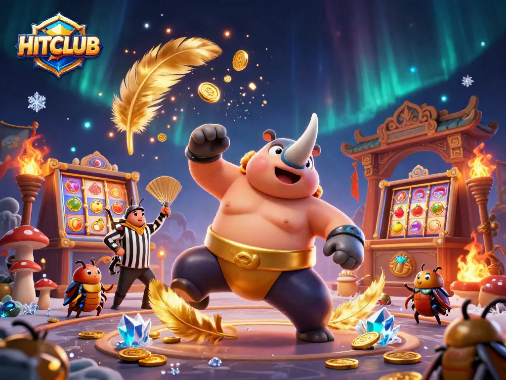 Win with HITCLUB at a vibrant casino scene featuring a sumo champion flying coins and slot symbols.