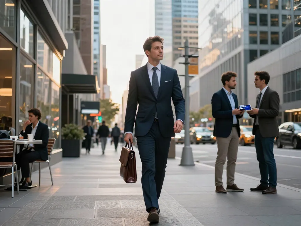 Professional in a business suit navigating urban streets in Streek Canada, embodying active finance culture.