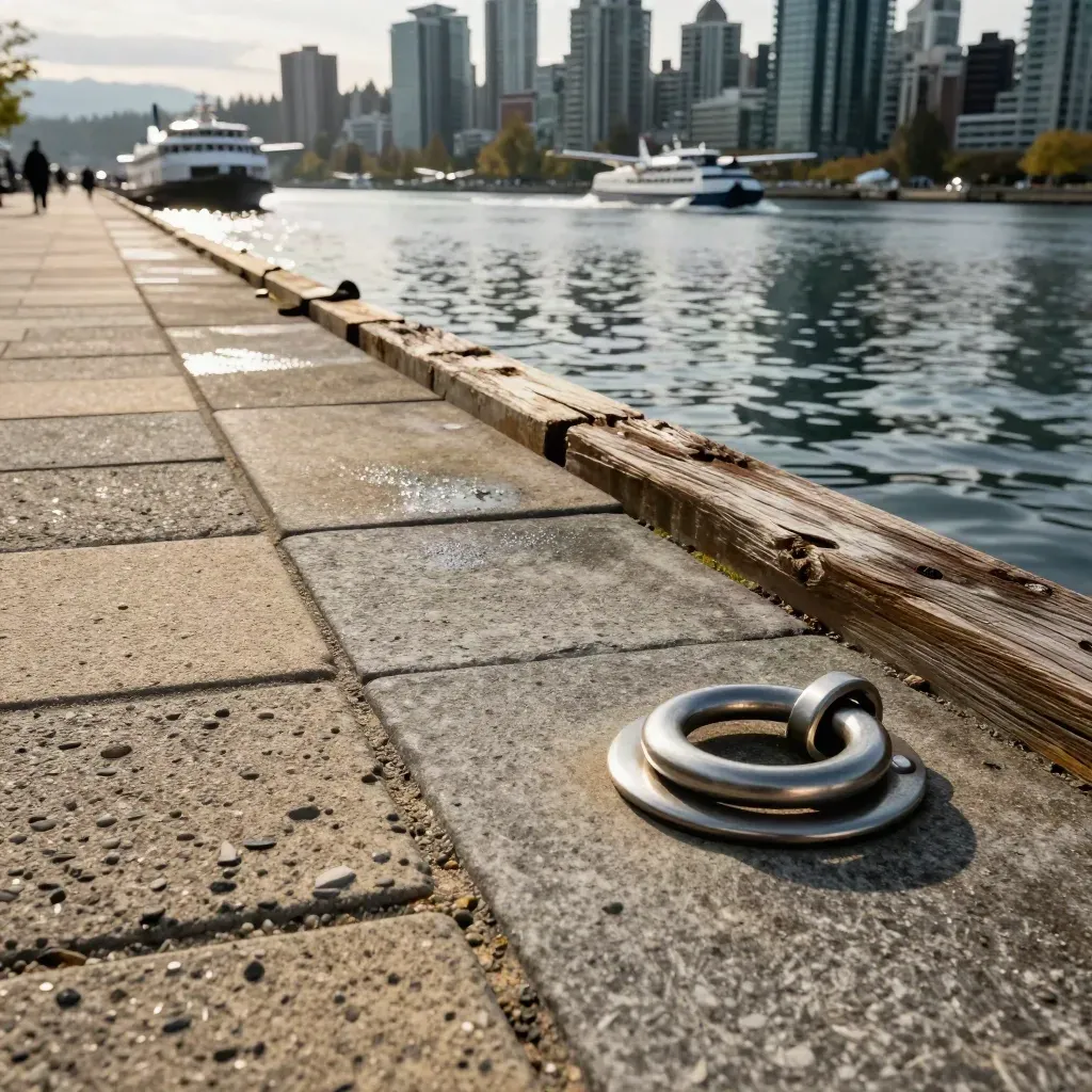 Harbourfront textures with seawall, dock, ferries and Vancouver towers.