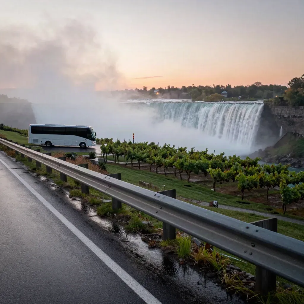 Misty Niagara overlook with guardrail, coaches, vineyard rows, and waterfall spray at dawn.