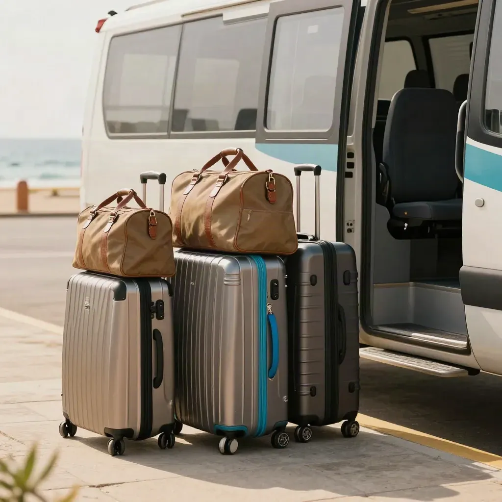 Suitcases and duffels lined up by a shuttle door at a resort curb.