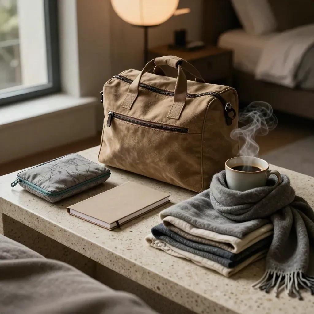 Top-down travel planning kit with bag, notebook, pouch, coffee and folded layers on travertine.