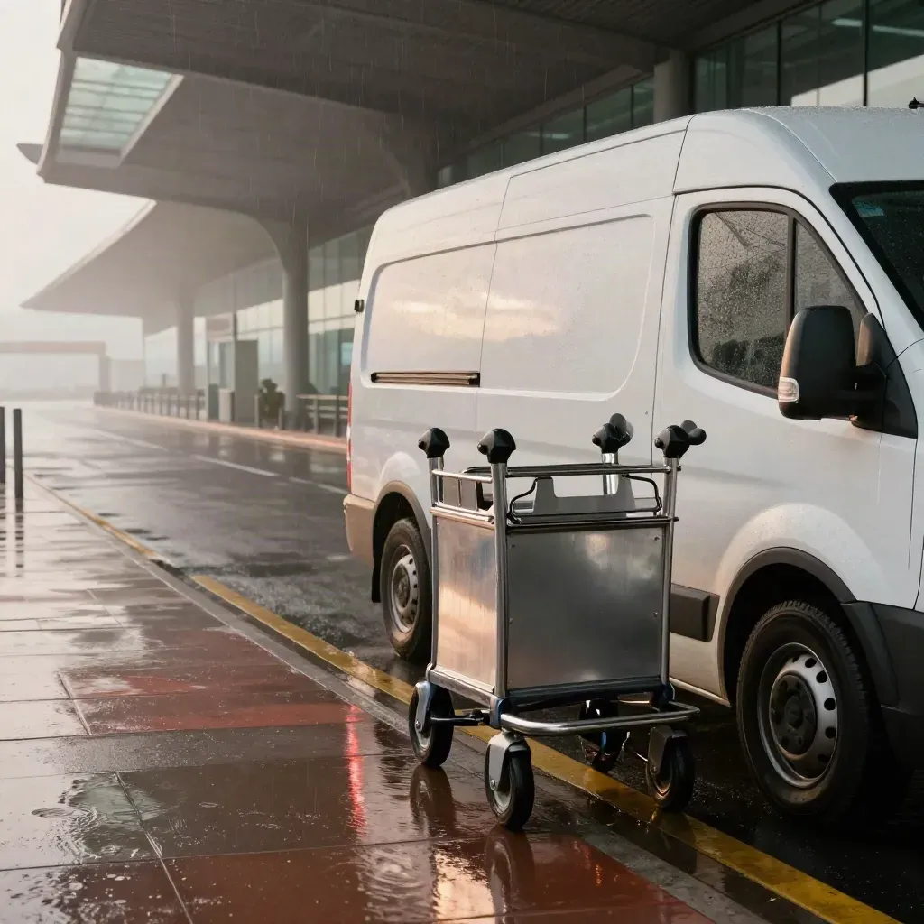 Airport shuttle van pulls into a wet curbside pickup lane beside luggage cart.