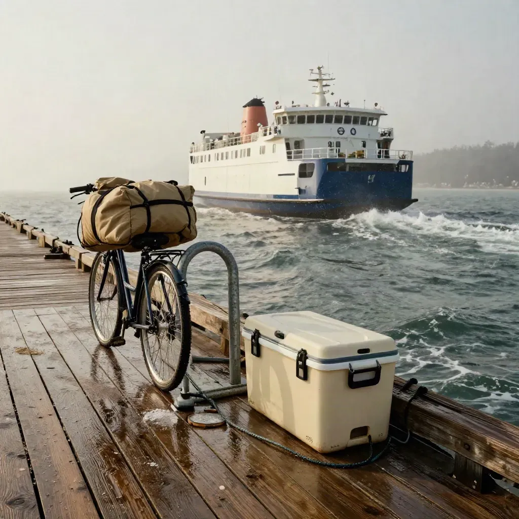 Daypack and cooler on a ferry pier as the boat pulls away