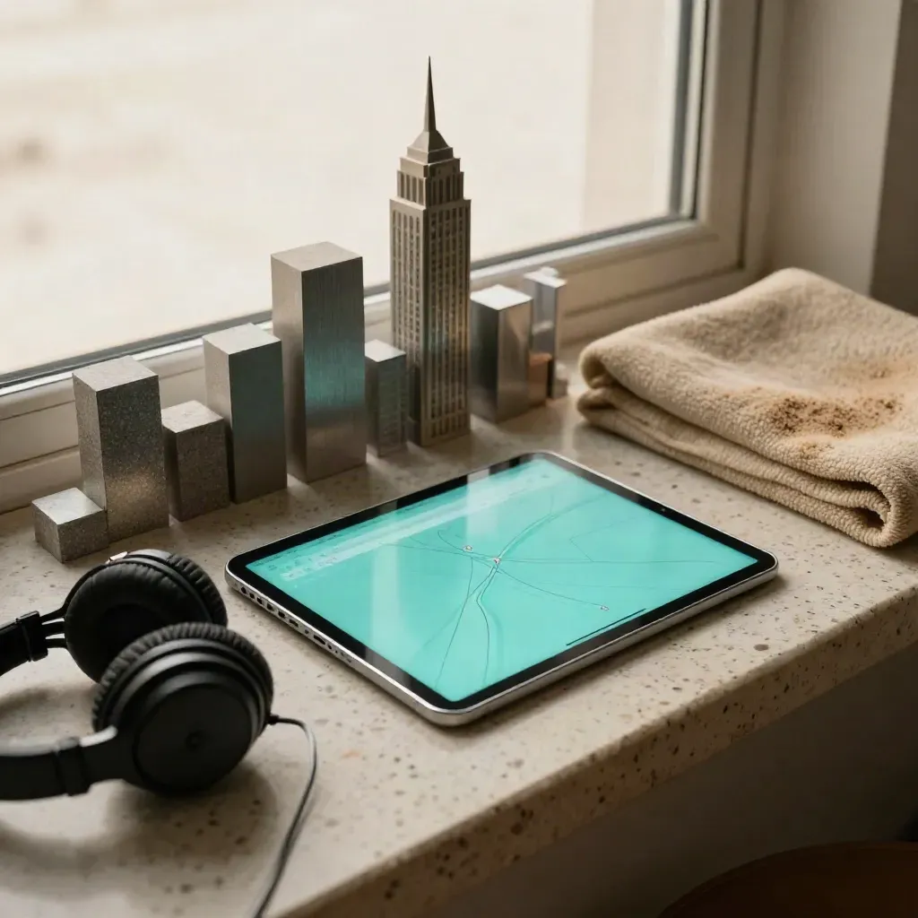 Tablet, skyline blocks, headphones and folded blanket on a lounge ledge for virtual trip previews.