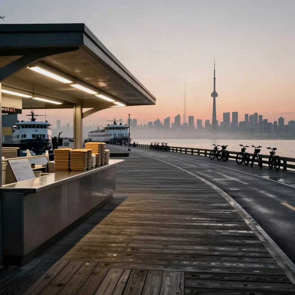 Dusk boardwalk by Toronto harbour with ferry slips, food kiosk canopy, bike lane, and skyline.