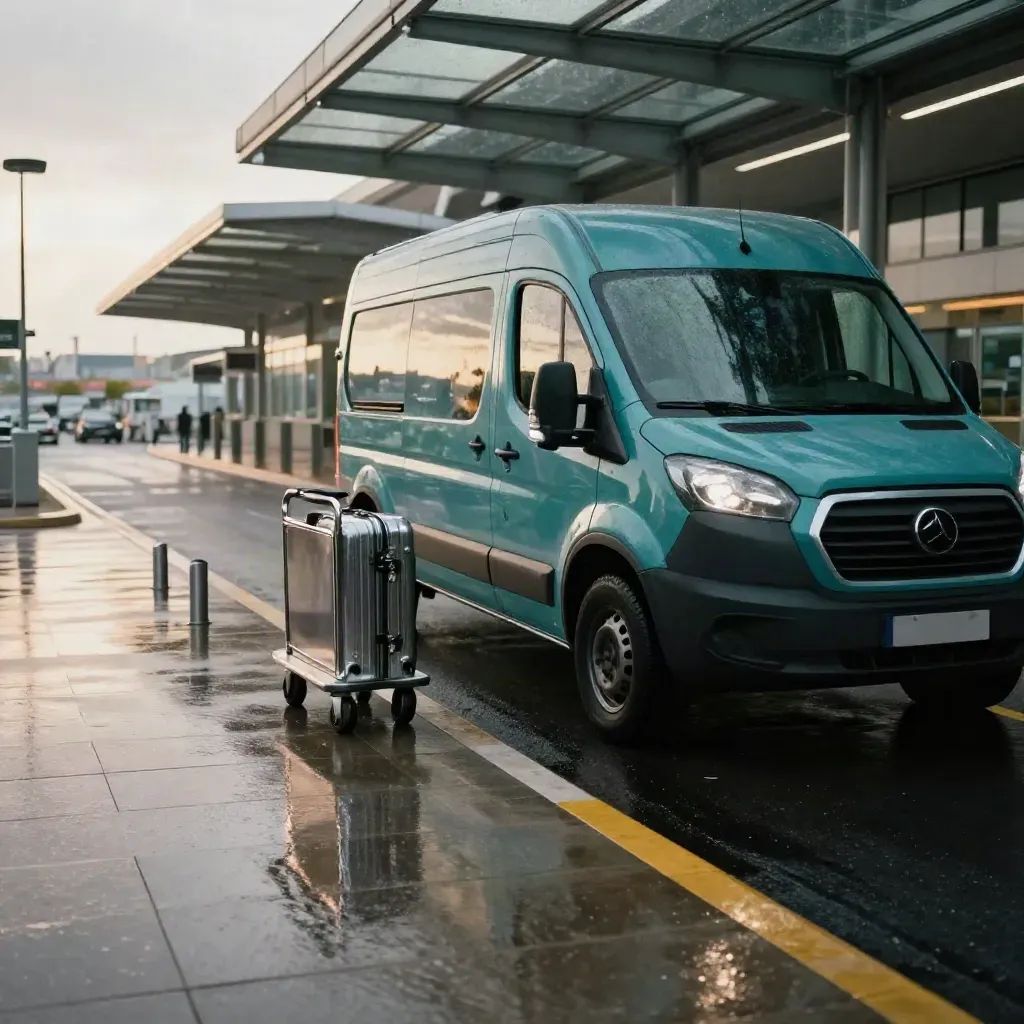 Teal shuttle van by a rain-slick airport curb lane under a glass canopy
