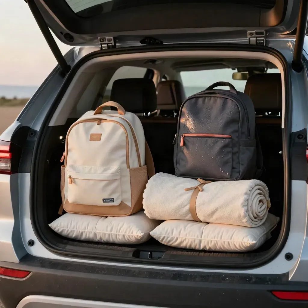 SUV tailgate packed with kids’ daypacks, cooler, blanket roll, and travel pillows