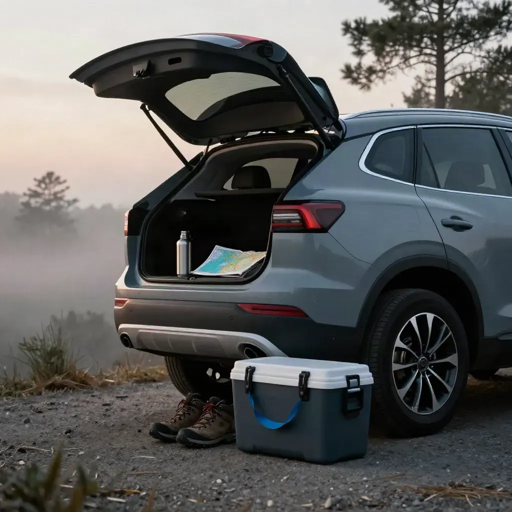 Packed compact SUV at a dawn trailhead with boots, cooler, atlas and thermos ready for a road trip.