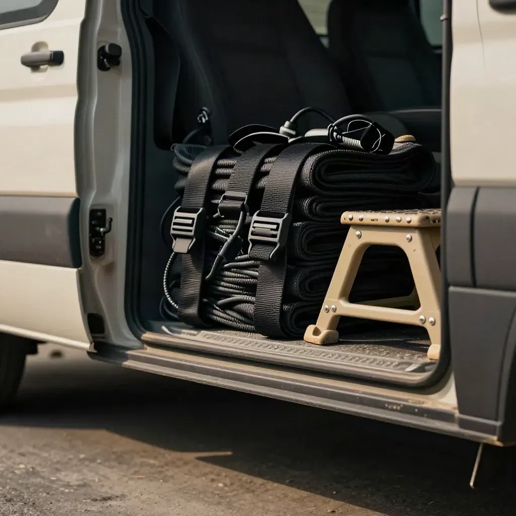 Macro of minibus luggage-bay gear: seat belts, headset cords, and a folding step stool.