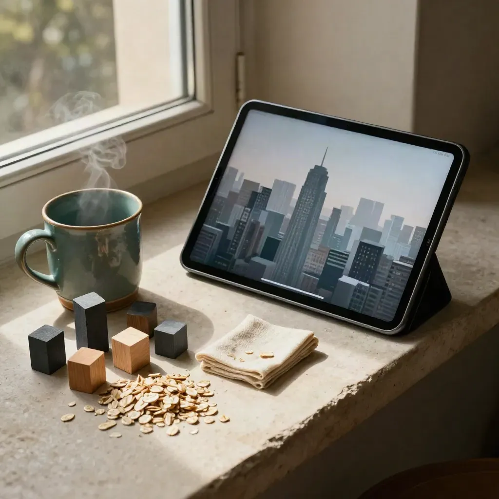 Tablet on a stone ledge with a blurred city preview, skyline blocks, steaming mug and folded throw.