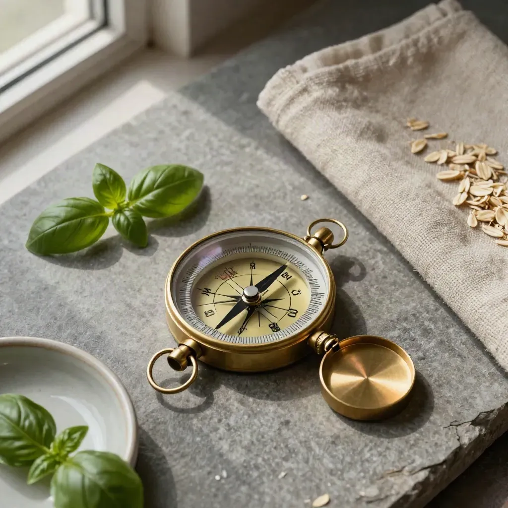 Brass compass, transit token, ceramic dish, basil sprig, and linen on stone