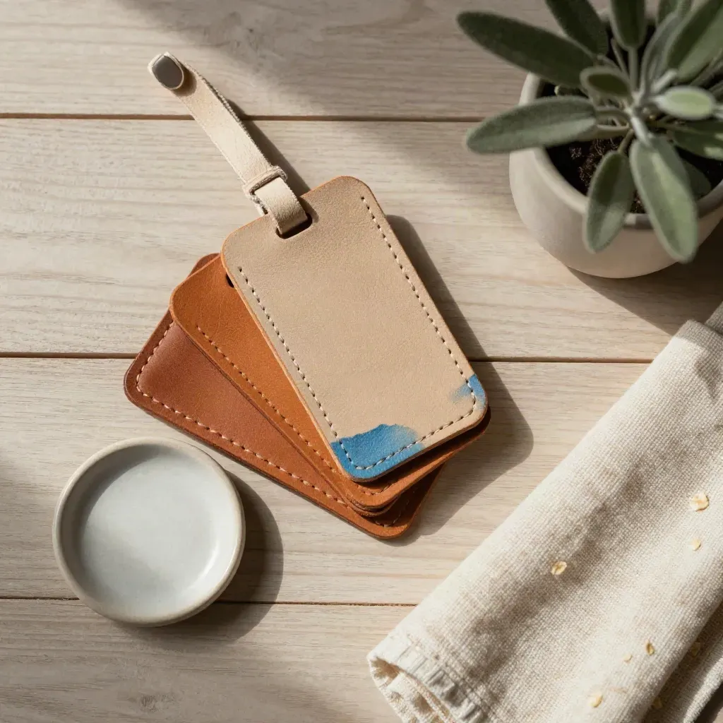 Overhead flatlay of stacked leather luggage tags, dish, cloth and plant on pale wood