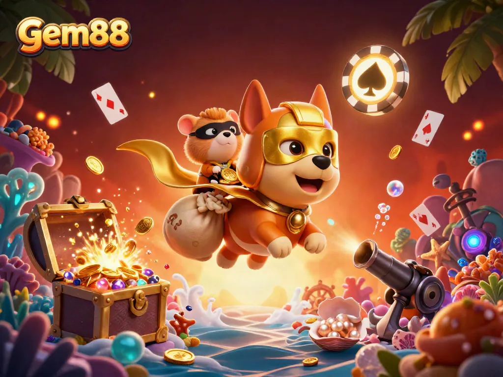 Experience the thrill of gambling with gem88, featuring a superhero dog and sidekick in a colorful casino adventure.