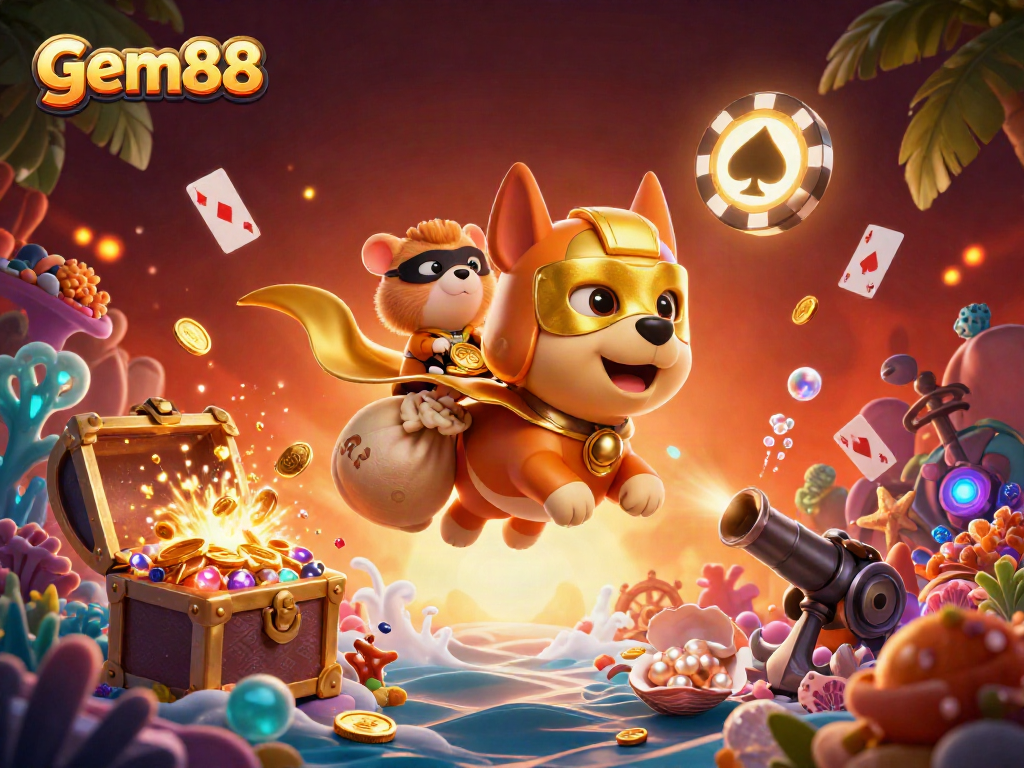 Experience the thrill of gambling with gem88, featuring a superhero dog and sidekick in a colorful casino adventure.