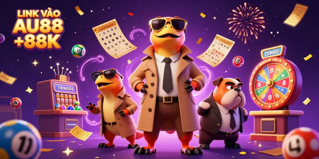 Experience fun and excitement at LINK VÀO AU88 +88K with colorful lottery elements and hilarious cartoon raptors.