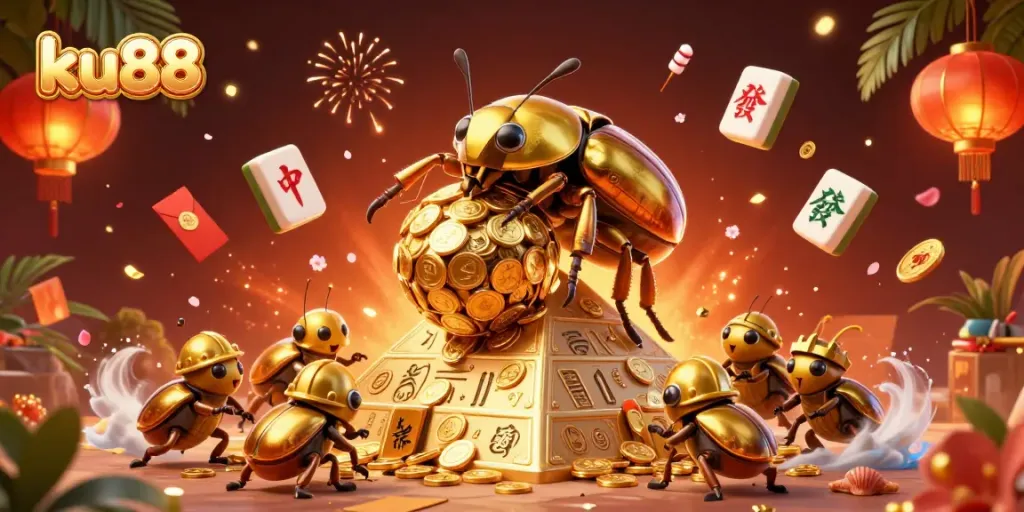 Experience the thrill of ku88 with golden treasures and dynamic gaming elements in a vibrant illustration.