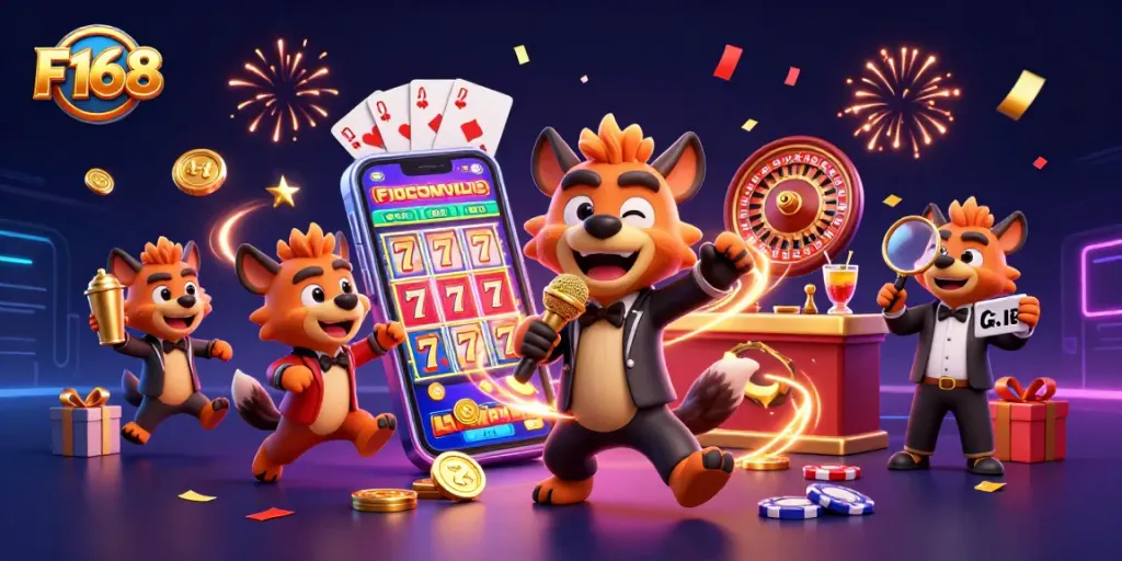 F168 showcases vibrant casino energy with hyenas engaging in comedy and drinks.