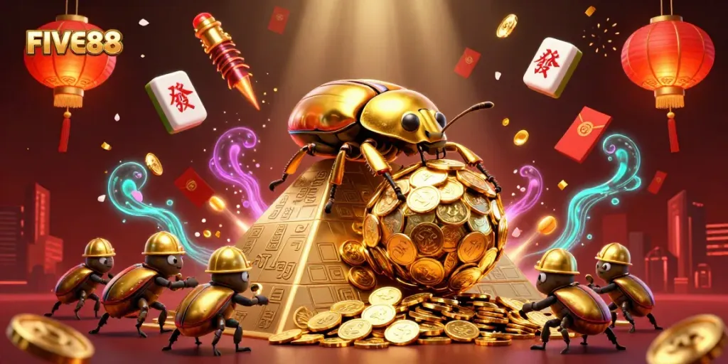 Experience FIVE88 excitement with a golden beetle team rolling winnings in a vibrant casino scene.