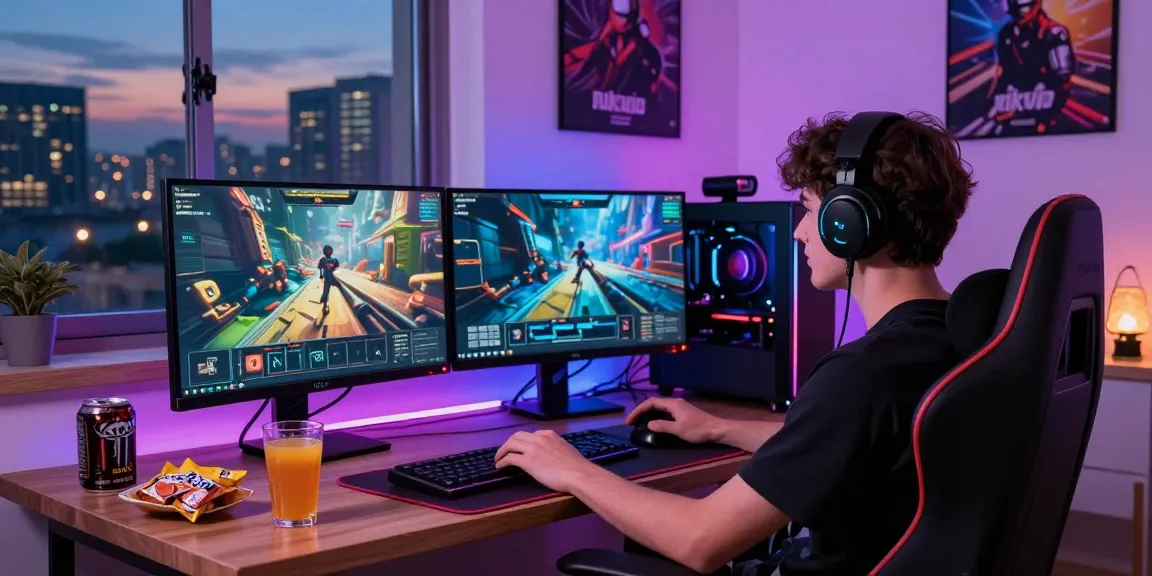 Player engaging with the Rikvip gaming interface in a modern home setup, showcasing gaming gear and vibrant atmosphere.