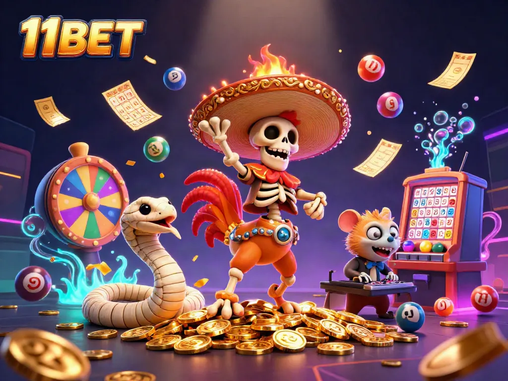 11BET celebrates with vibrant casino-themed elements in an energetic illustration.