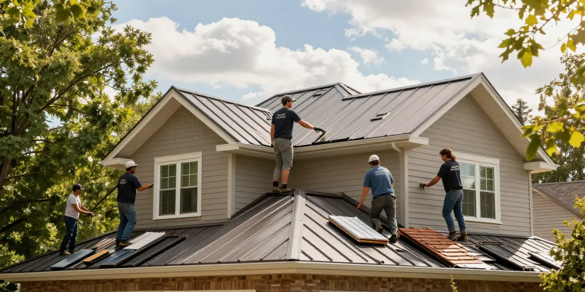 Metal roof installation Mississauga showcasing skilled roofing crew completing a project on a sunny day.