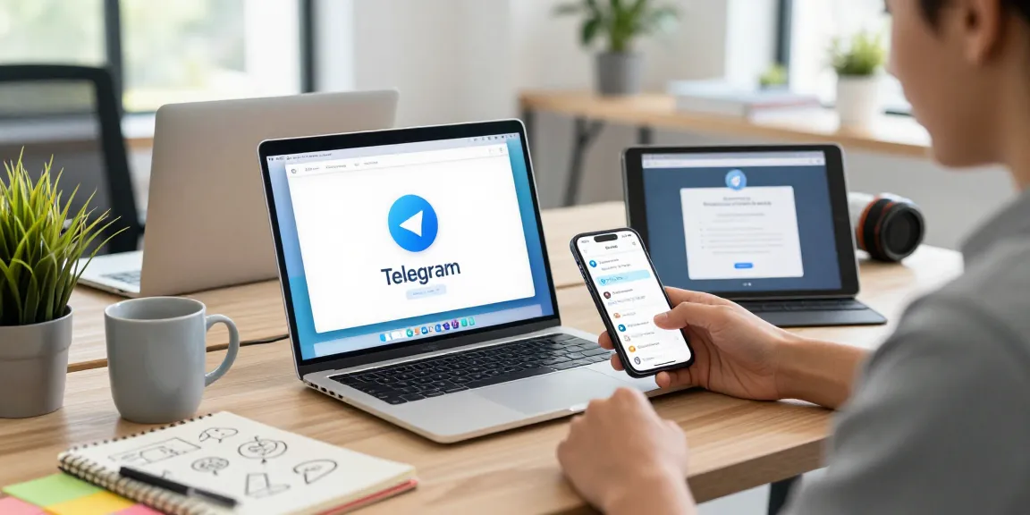 Engaging workspace scene showcasing Telegram download on multiple devices with a modern tech setup.