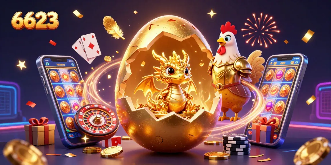 Win big with 6623 at this vibrant online casino illustration featuring exciting games and golden rewards.