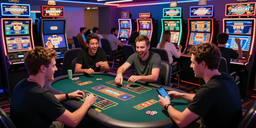 Diverse players enjoying online gaming experience at https://du88az.net/ with an engaging atmosphere and modern casino setup.