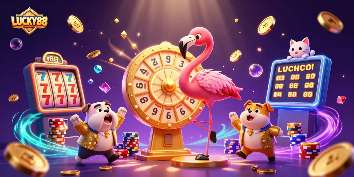 Spin the LUCKY88 prize wheel in this exciting casino scene filled with vibrant gaming elements.