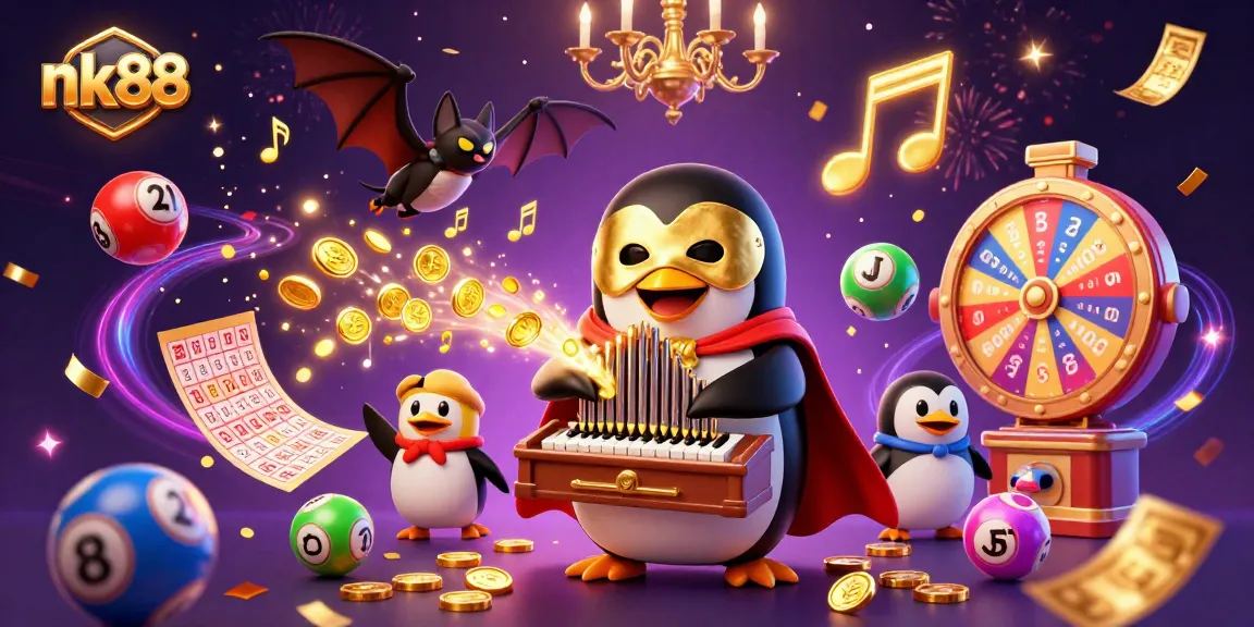 Experience vibrant gaming at nk88 with a dynamic penguin organist, confetti, and lottery elements.