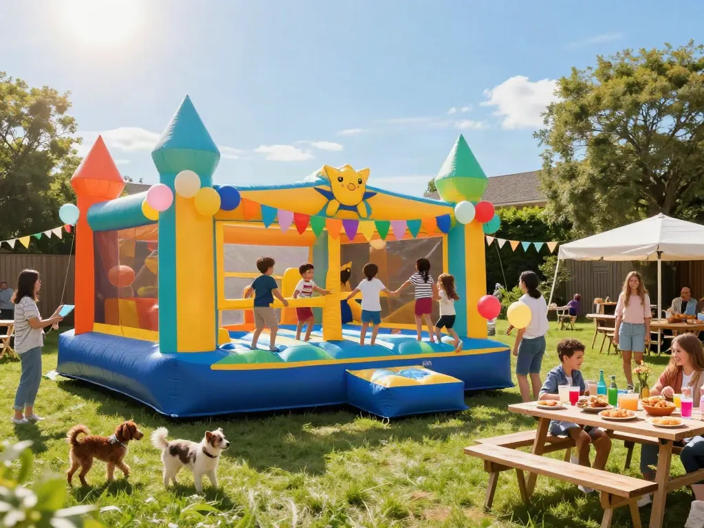 Children having fun in a bounce house during a sunny outdoor party.