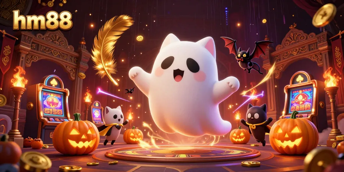 Experience the excitement of hm88's haunted casino with a ghost cat and vampire bat.