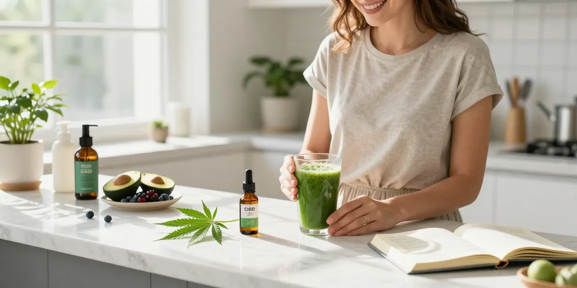 Ministry of Cannabis CBD oil wellness routine, featuring smooth green smoothie and fresh hemp leaves on a bright kitchen counter.