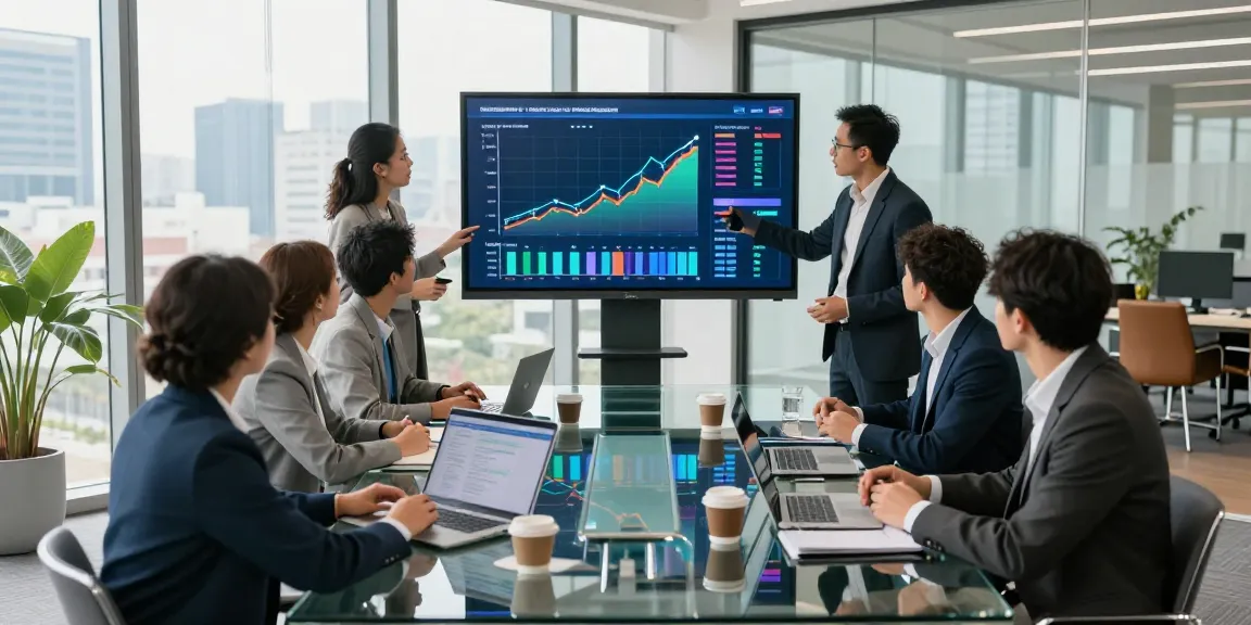 Business team collaborating on IT business support strategies in a modern conference room.