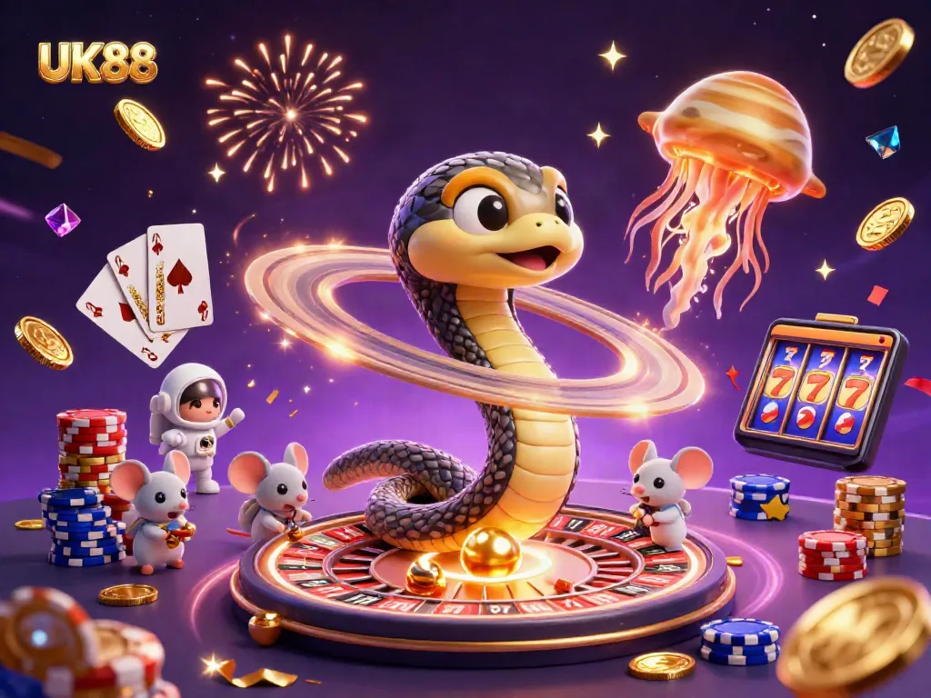 UK88 galaxy-themed illustration of a thrilling cosmic casino experience featuring betting astronaut mice.