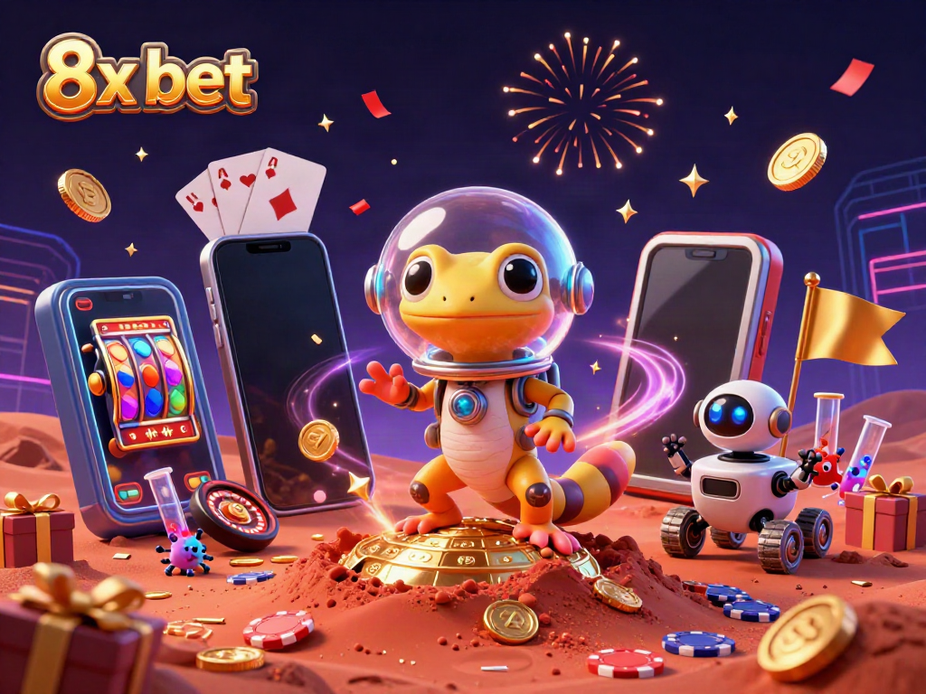 Experience the thrill of 8x bet with a Martian gecko discovering a golden casino on Mars.