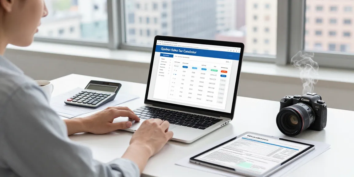Calculating sales tax with quebecsalestaxcalculator.ca in a modern office.