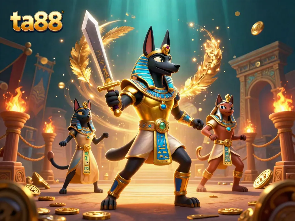 Experience thrilling action at ta88 with vibrant 3D Egyptian warriors surrounded by gambling elements.